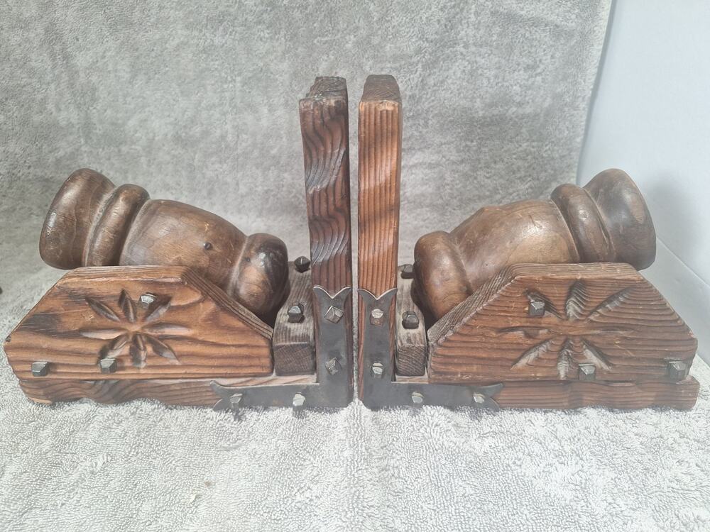 Vintage Spanish Carved Wood Cannon Bookends Pair 7" Rustic Decor 1960s-70s